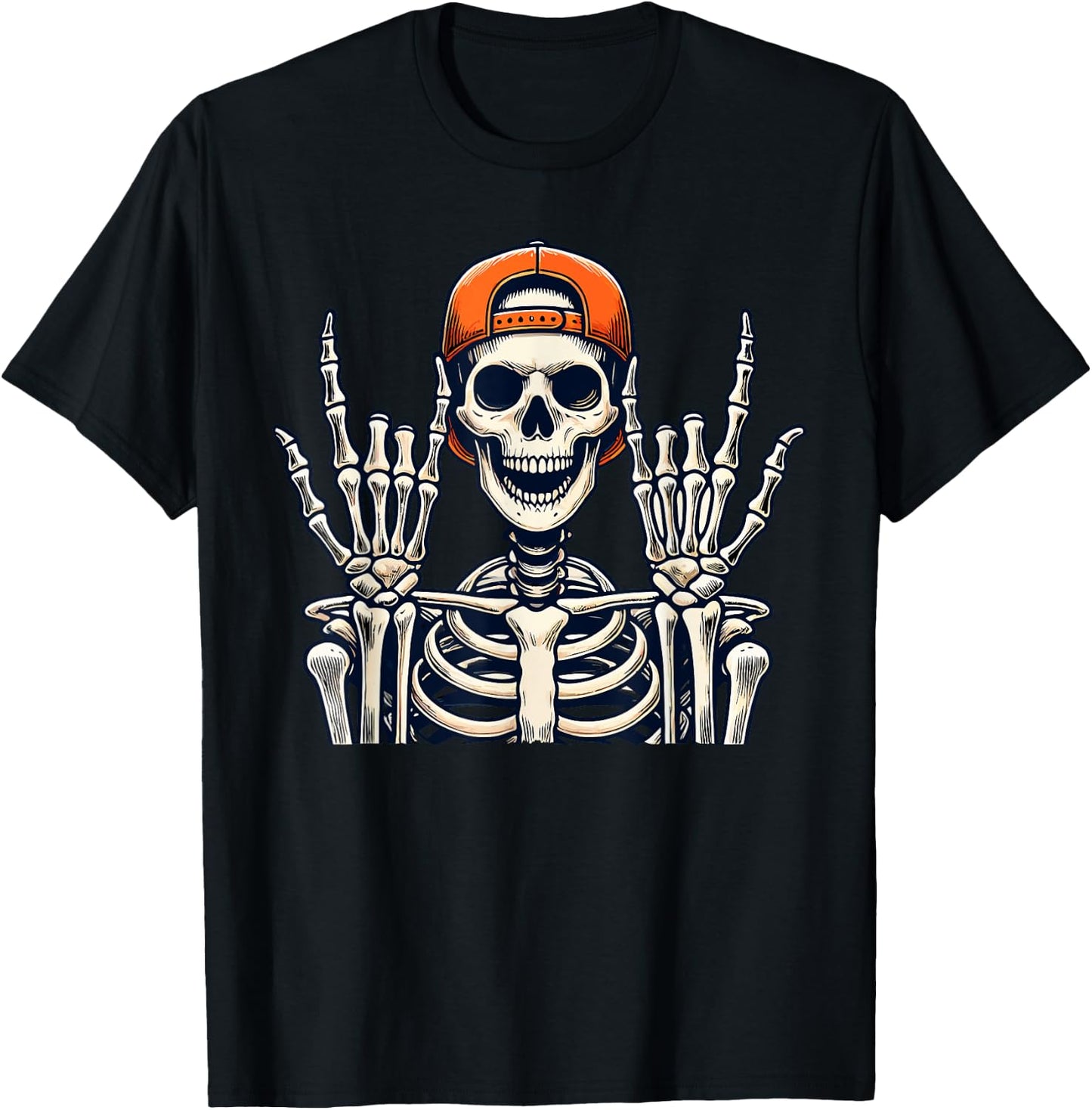 Rocker Skeleton Cap Skater Cool Halloween Punk Rock Men Boys T-Shirt - T-Shirt | Black