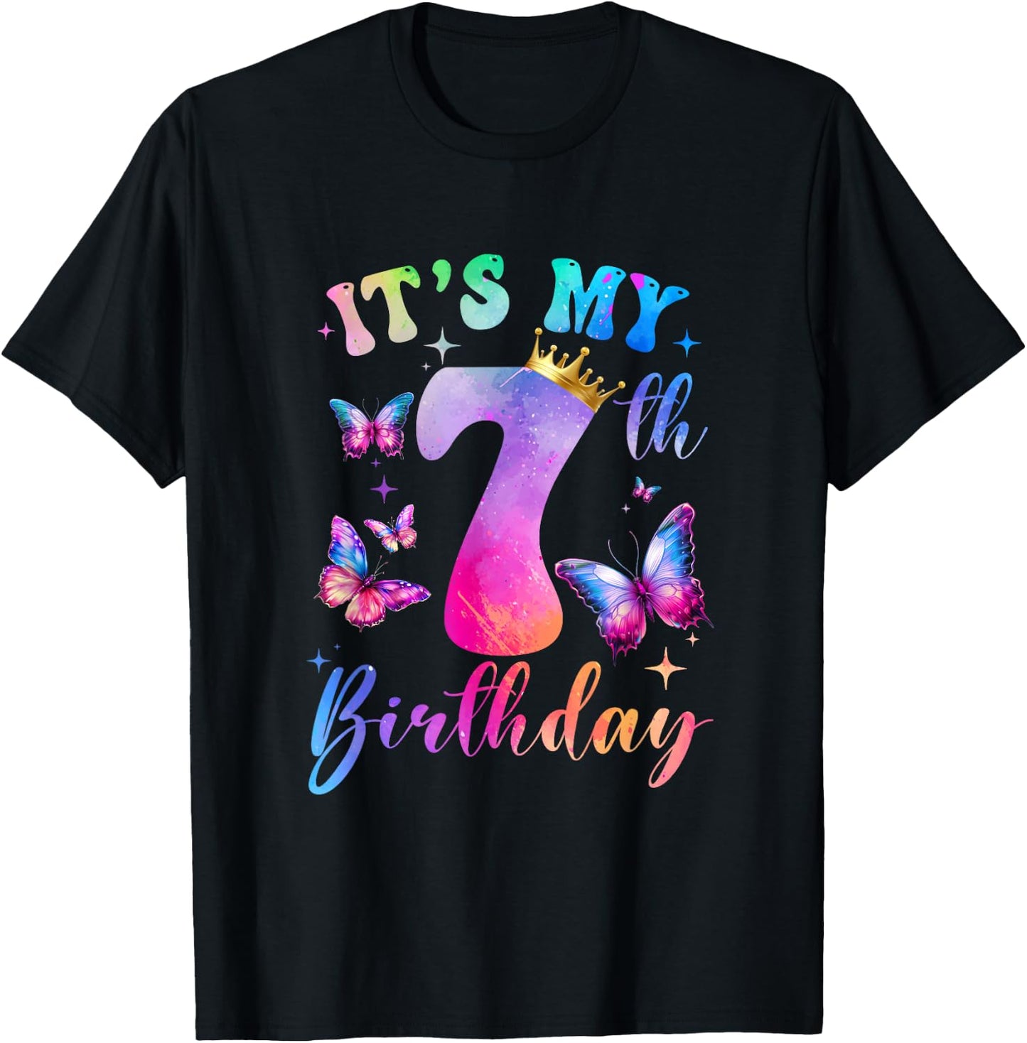 Its My 7Th Birthday Girls Butterfly Theme Party 7 Year Old T-Shirt - T-Shirt | Black