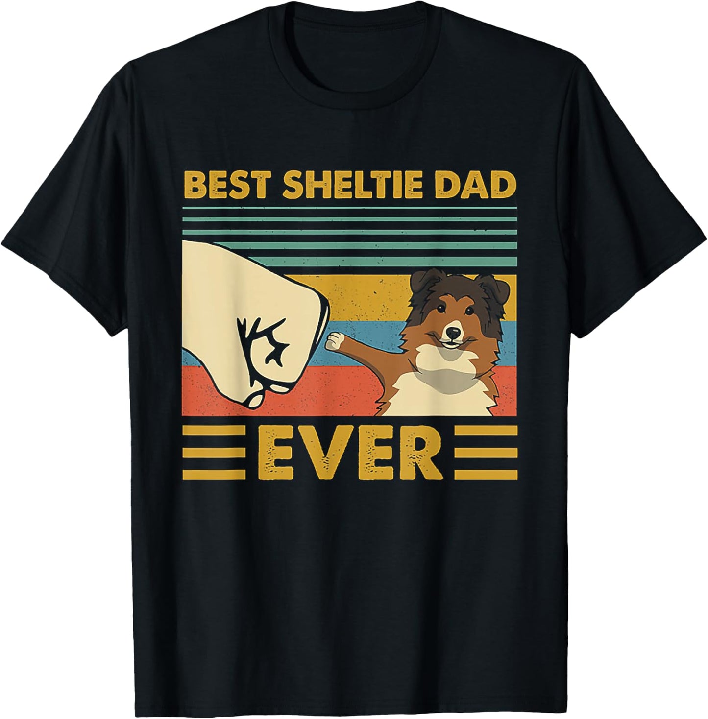Best Sheltie Dad Ever Retro Vintage Sunset T-Shirt - T-Shirt | Black