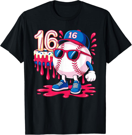 Baseball 16 Year Old Ice Cream Drip 16th Birthday T-Shirt - T-Shirt | Black