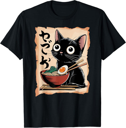 Funny Cat Ramen Noodle Japanese Kawaii Anime Otaku Style T-Shirt - T-Shirt | Black