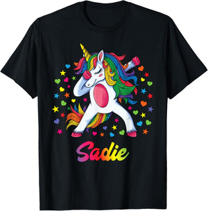 Sadie Dabbing Unicorn Rainbow Personalized Name Custom T-Shirt - T-Shirt | Black