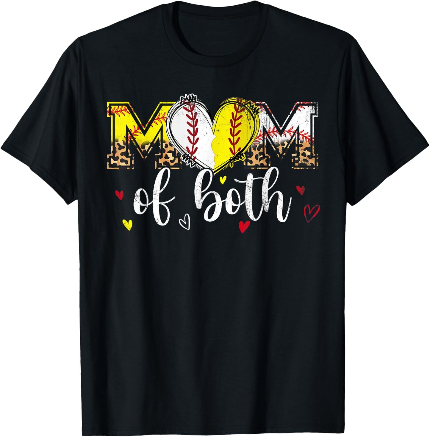 Mom Of Both Baseball Softball Heart Leopard Mothers Day Mama T-Shirt - T-Shirt | Black