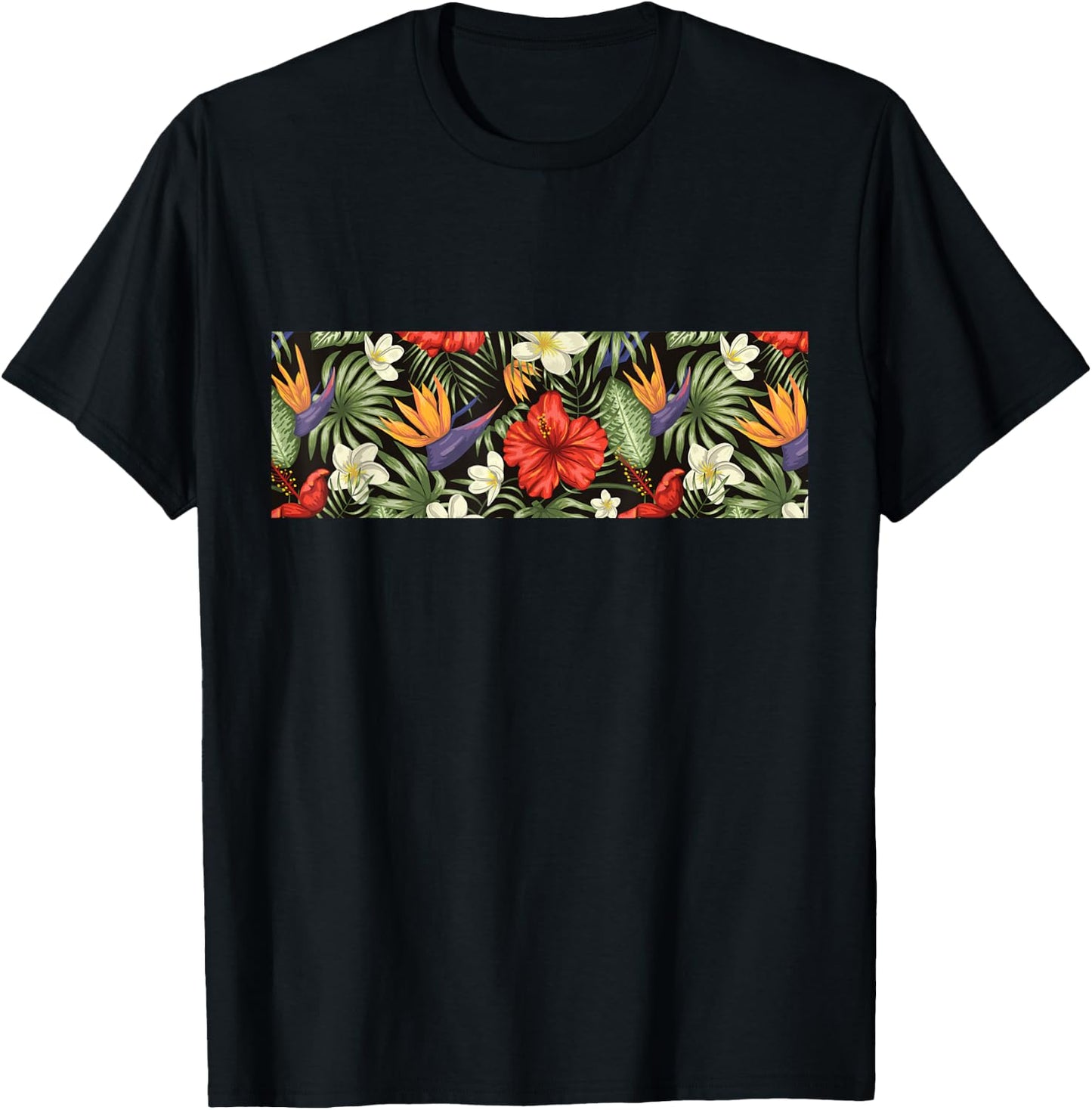Tropical Flower Pattern Hibiscus Plumeria Flower Hawaiian T-Shirt - T-Shirt | Black