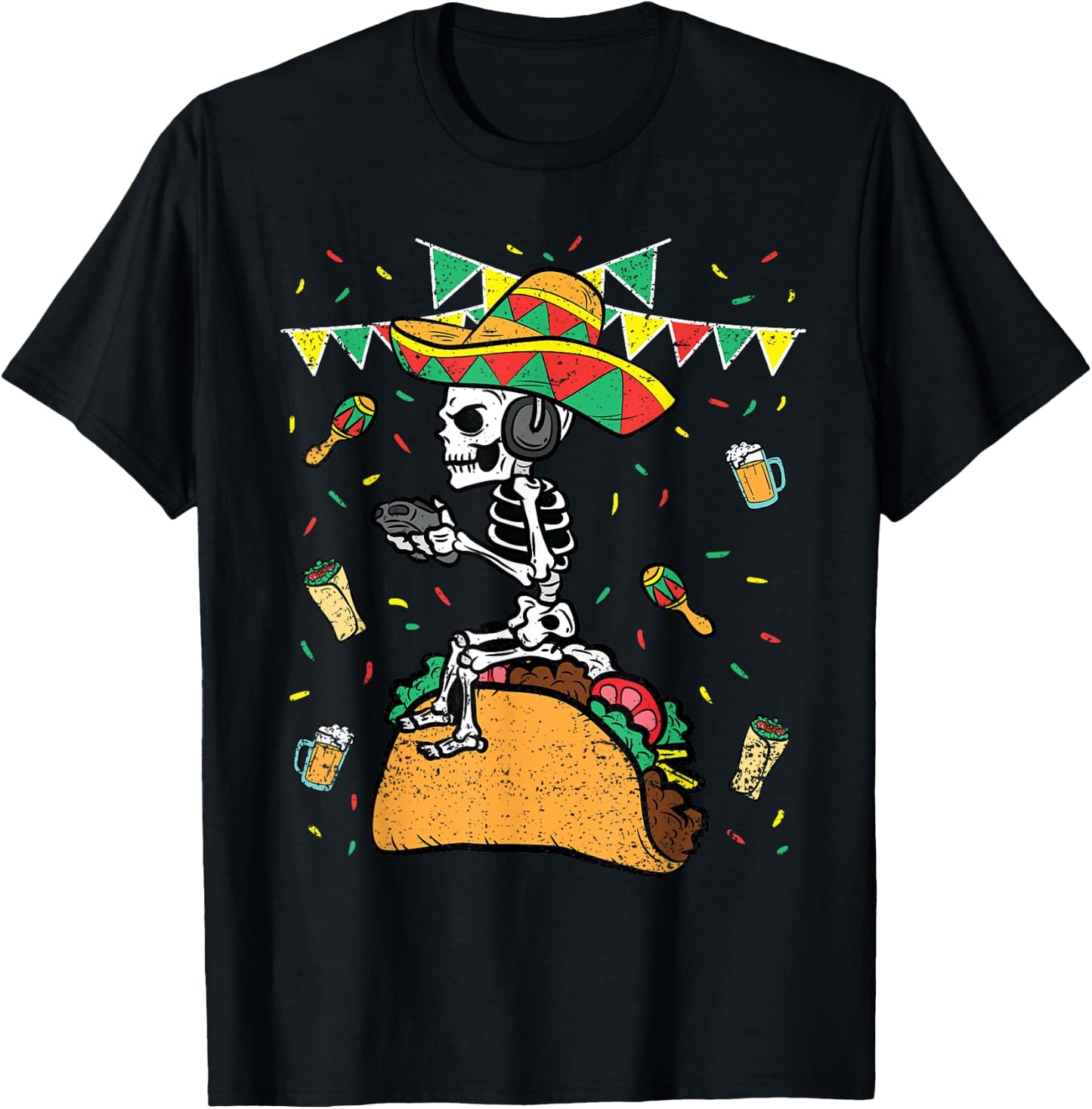 Skeleton Gamer Cinco De Mayo Gaming Taco Mexican Fiesta T-Shirt - T-Shirt | Black