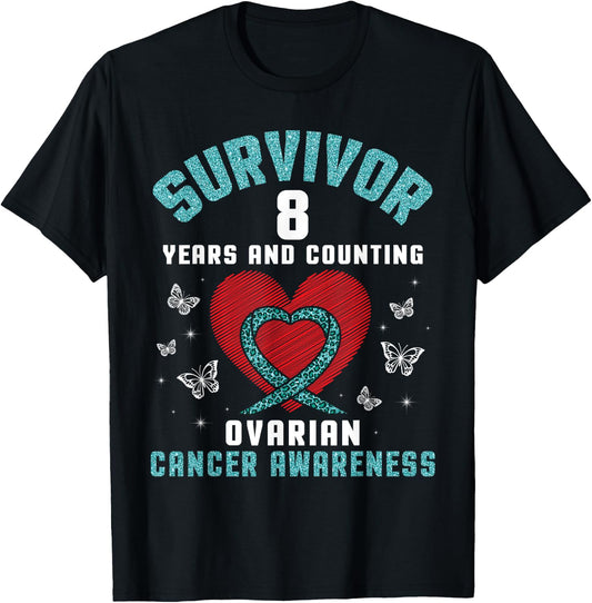 Heart Survivor 8 Years And Counting Ovarian Cancer Awareness T-Shirt - T-Shirt | Black