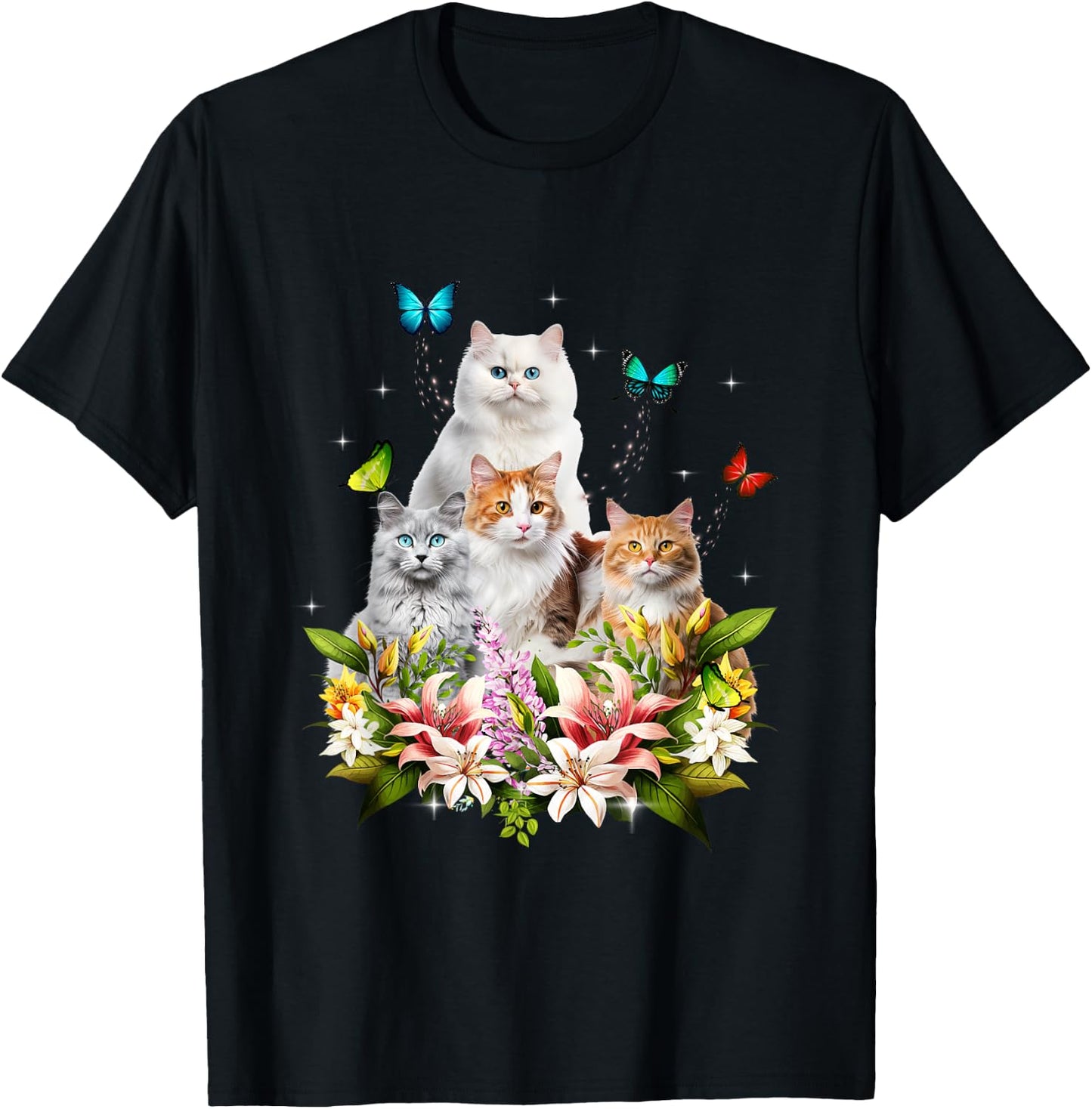 Kitten Lover Cute Cat Flower Butterfly Kitten Pet Animal T-Shirt - T-Shirt | Black