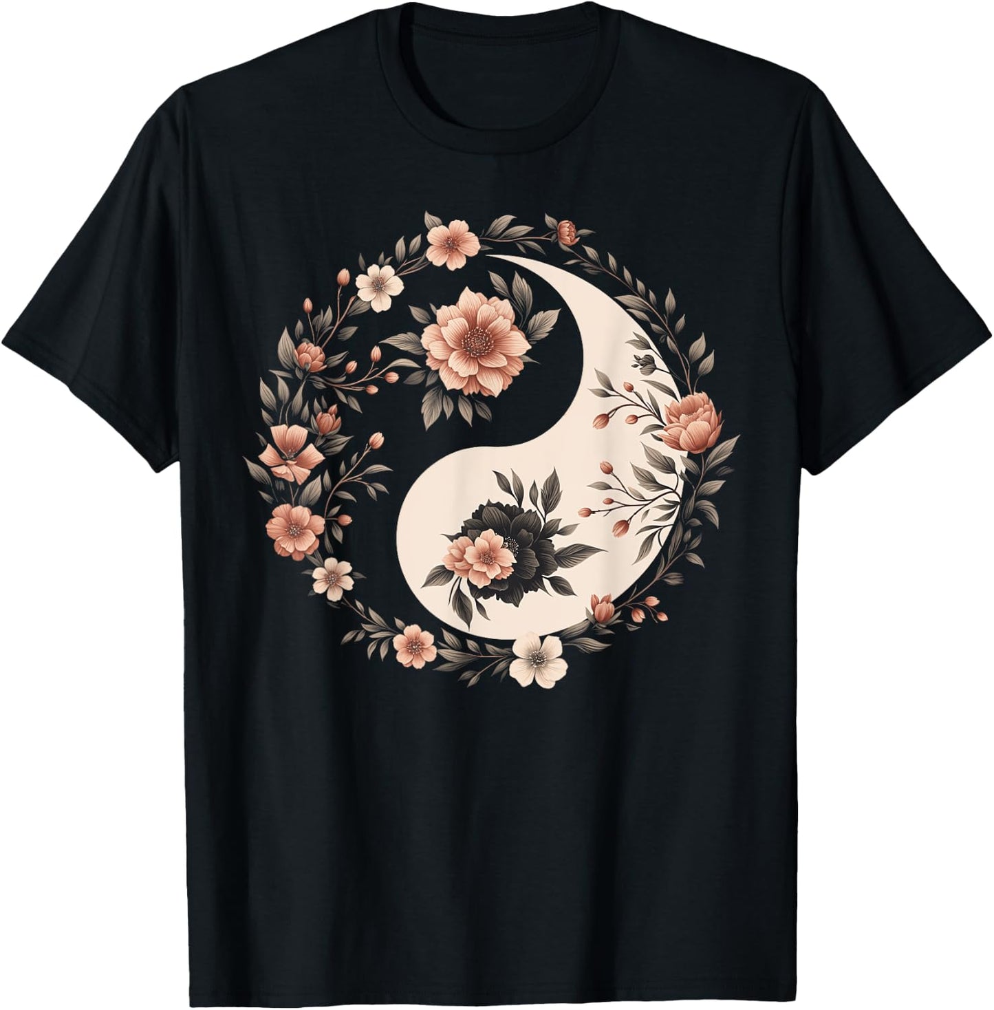Cool Yin and Yang Symbol Floral Art Style Men Women T-Shirt - T-Shirt | Black