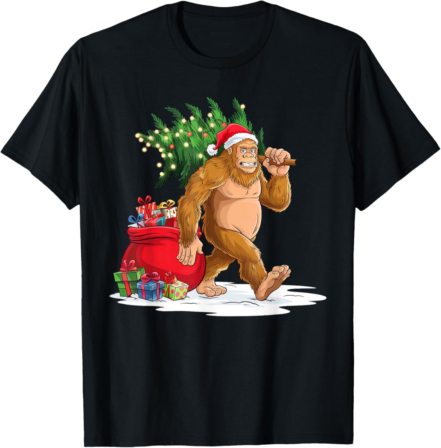 Bigfoot Christmas Tree Lights Xmas Boys Men Sasquatch Lovers T-Shirt - T-Shirt | Black