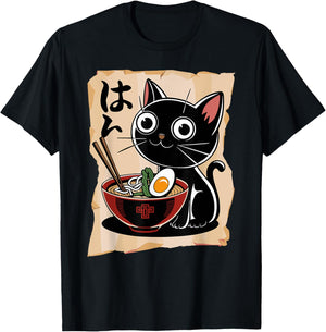 Funny Cat Ramen Noodle Japanese Kawaii Anime Otaku Style T-Shirt - T-Shirt | Black