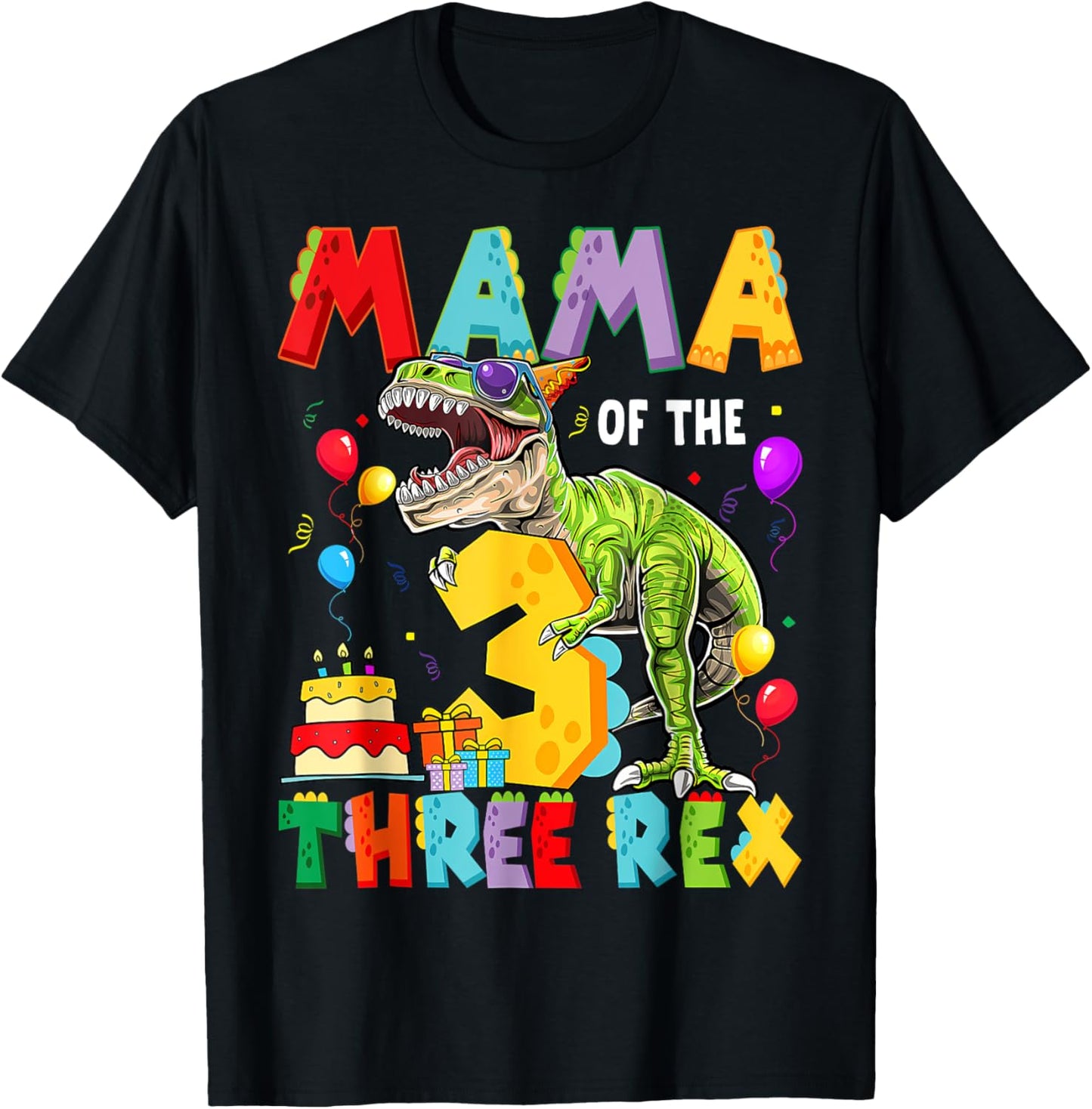 Mama Of The Three Rex 3Rd Birthday Boy Dinosaur T-Rex T-Shirt - T-Shirt | Black