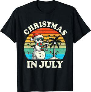 Vintage Christmas in July Snowman Summer Beach Vacation Xmas T-Shirt - T-Shirt | Black
