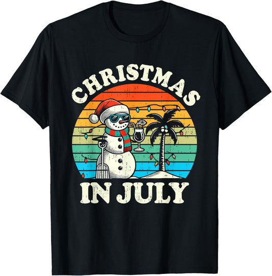 Vintage Christmas in July Snowman Summer Beach Vacation Xmas T-Shirt - T-Shirt | Black