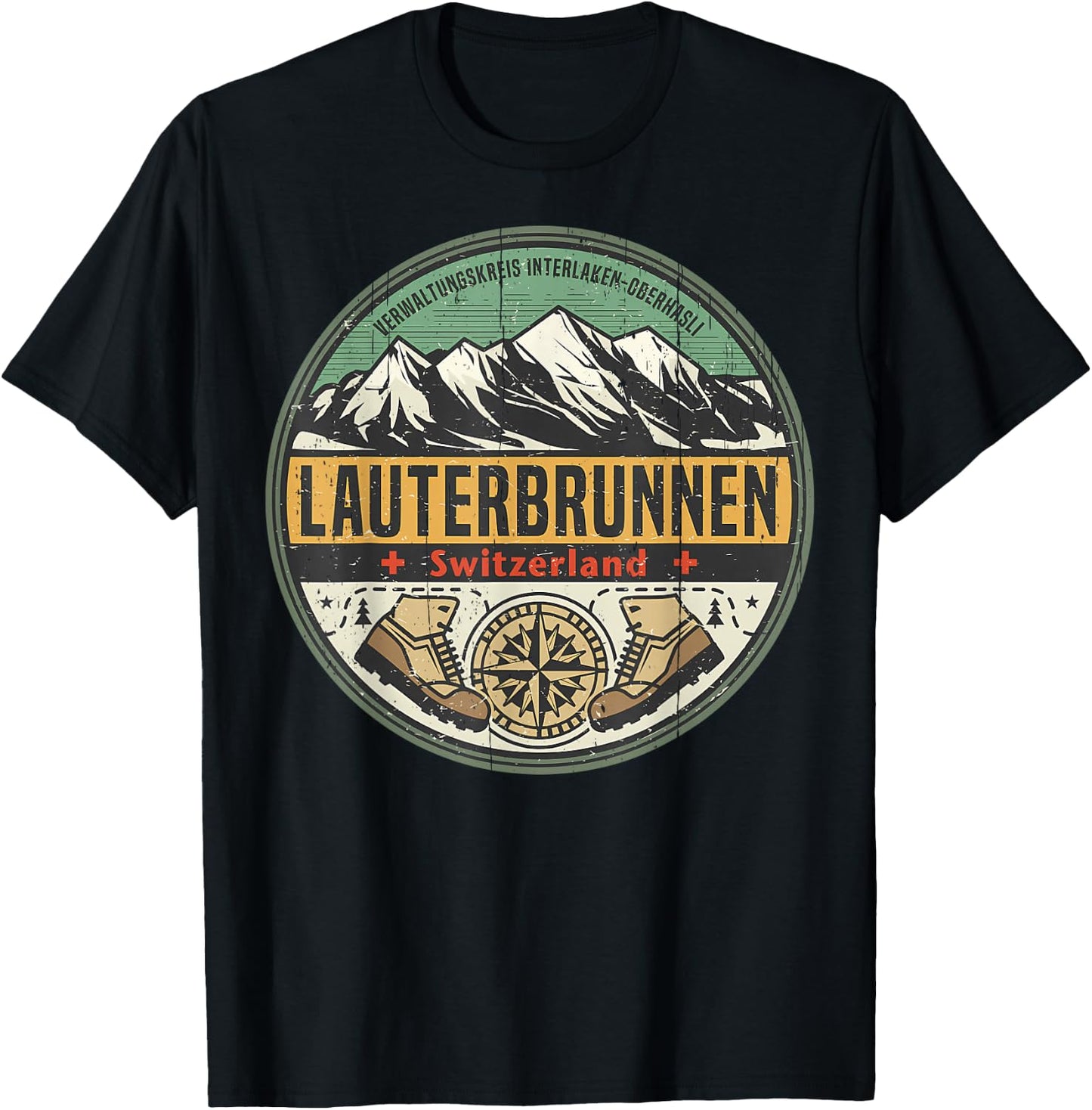 Vintage Lauterbrunnen, Switzerland Mountain Hiking Nature T-Shirt - T-Shirt | Black