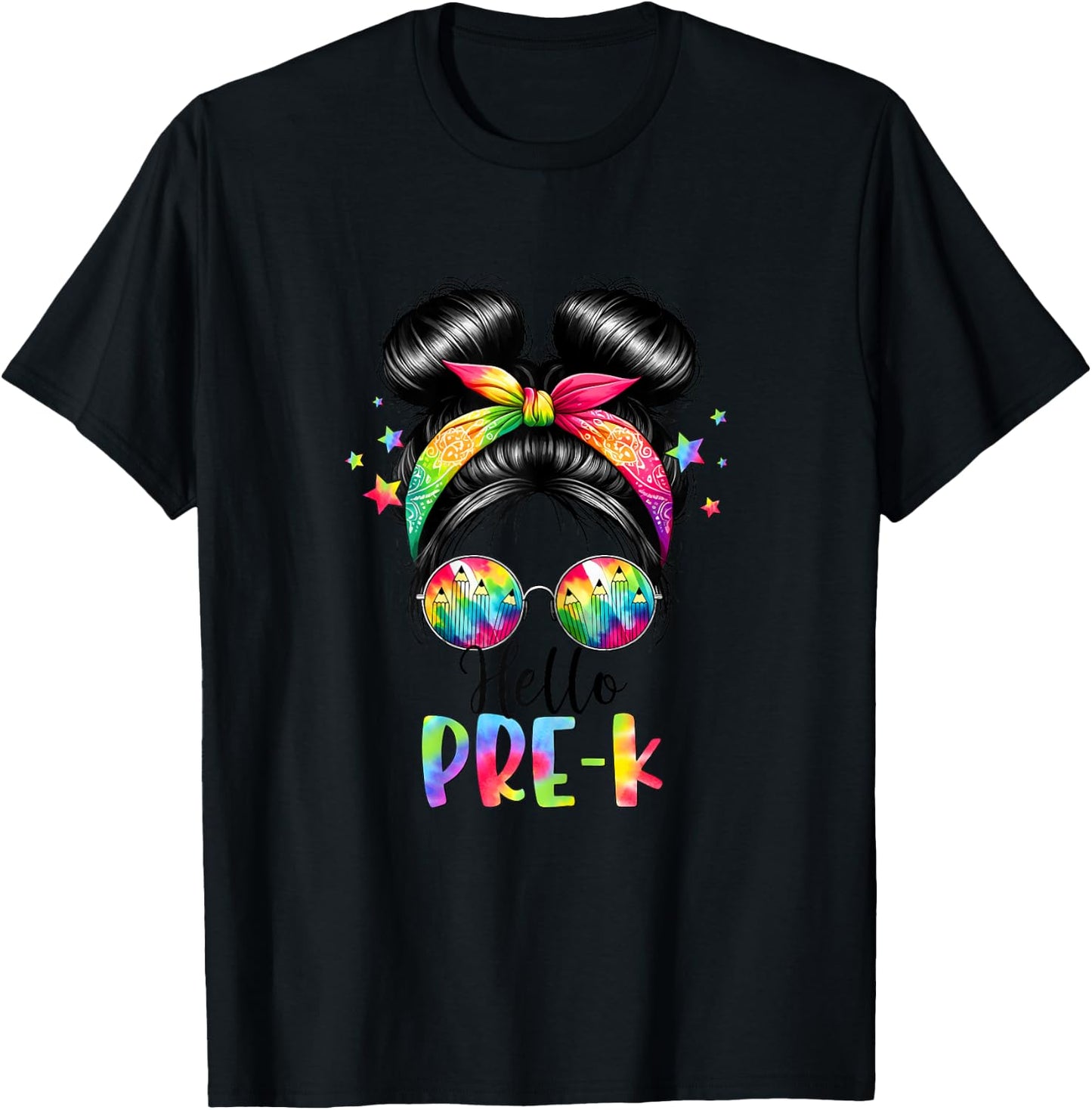 Hello Pre-K Messy Hair Bun Girl Back To School First Day T-Shirt - T-Shirt | Black