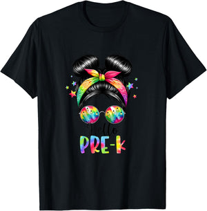 Hello Pre-K Messy Hair Bun Girl Back To School First Day T-Shirt - T-Shirt | Black