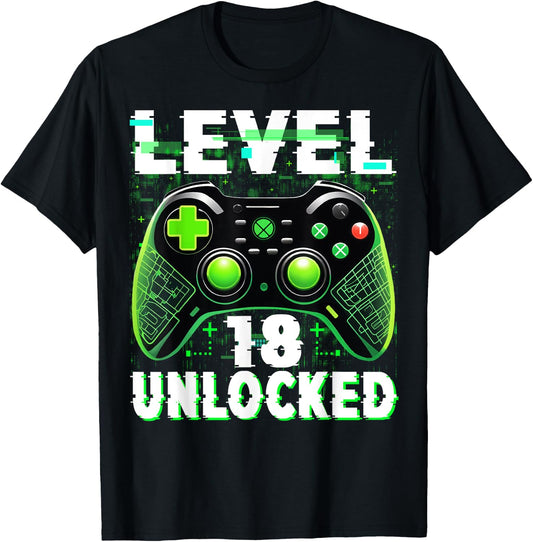 Level 18 Unlocked Shirt Funny Video Gamer Geek 18th Birthday T-Shirt - T-Shirt | Black