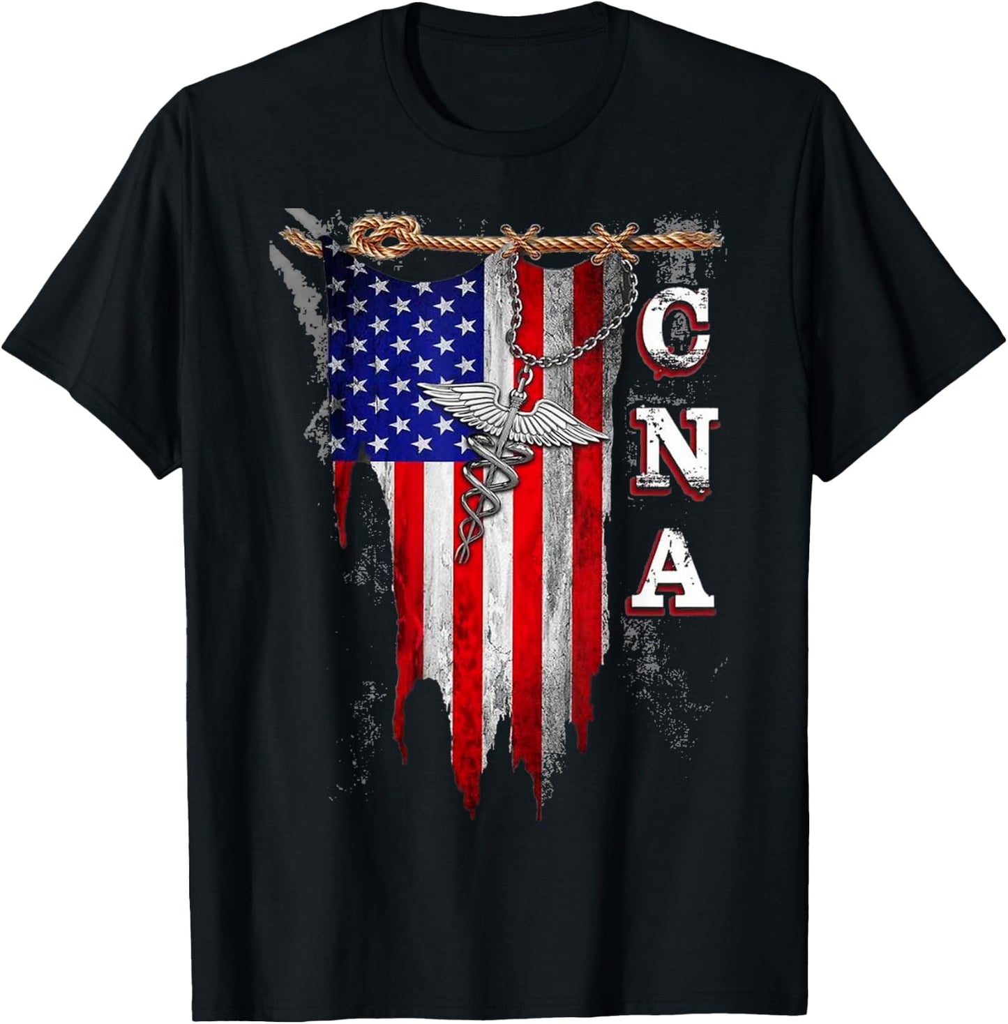 Proud CNA - American Flag Torn - Caduceus T-Shirt - T-Shirt | Black