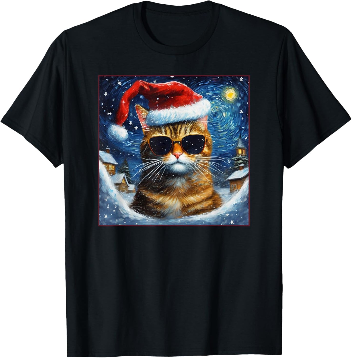 Van Gogh Starry Night Orange Tabby Cat Christmas T-Shirt - T-Shirt | Black