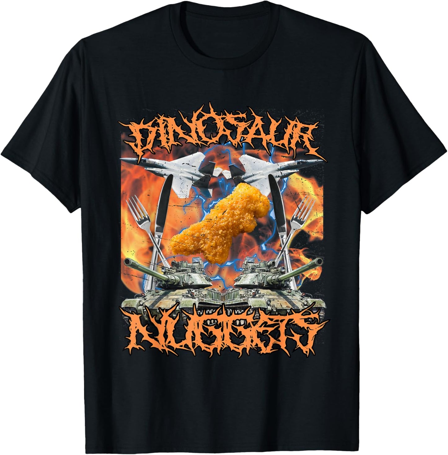 Funny Dinosaur Chicken Nugget Bootleg Hardcore Flames Meme T-Shirt - T-Shirt | Black