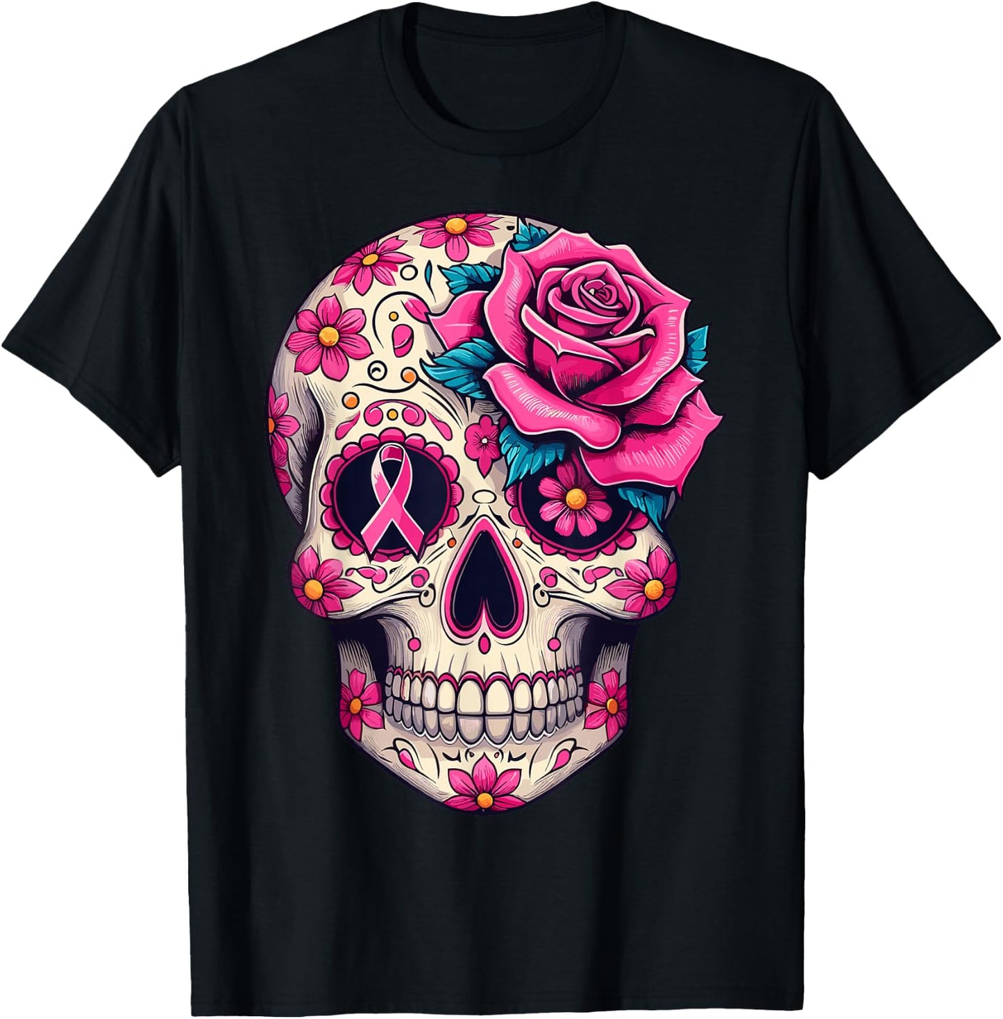 Sugar Skull Pink Ribbon Calavera Breast Cancer Awareness T-Shirt - T-Shirt | Black
