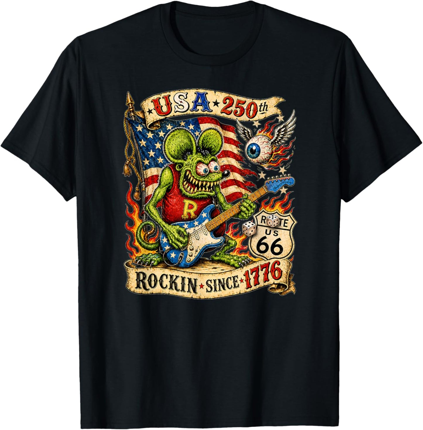 USA 250 Rat Fink Roote Guitar Music Highway 66 Vintage Retro T-Shirt - T-Shirt | Black