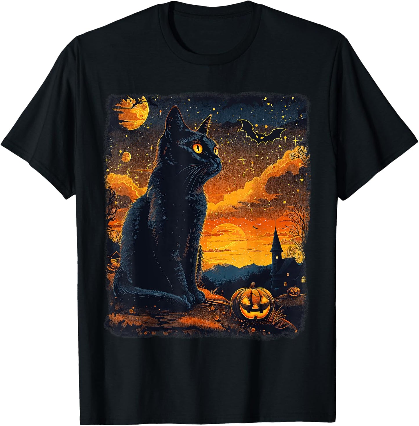 Black Cat Starry Night Van Gogh Pumpkins Bats Halloween Crew T-Shirt - T-Shirt | Black
