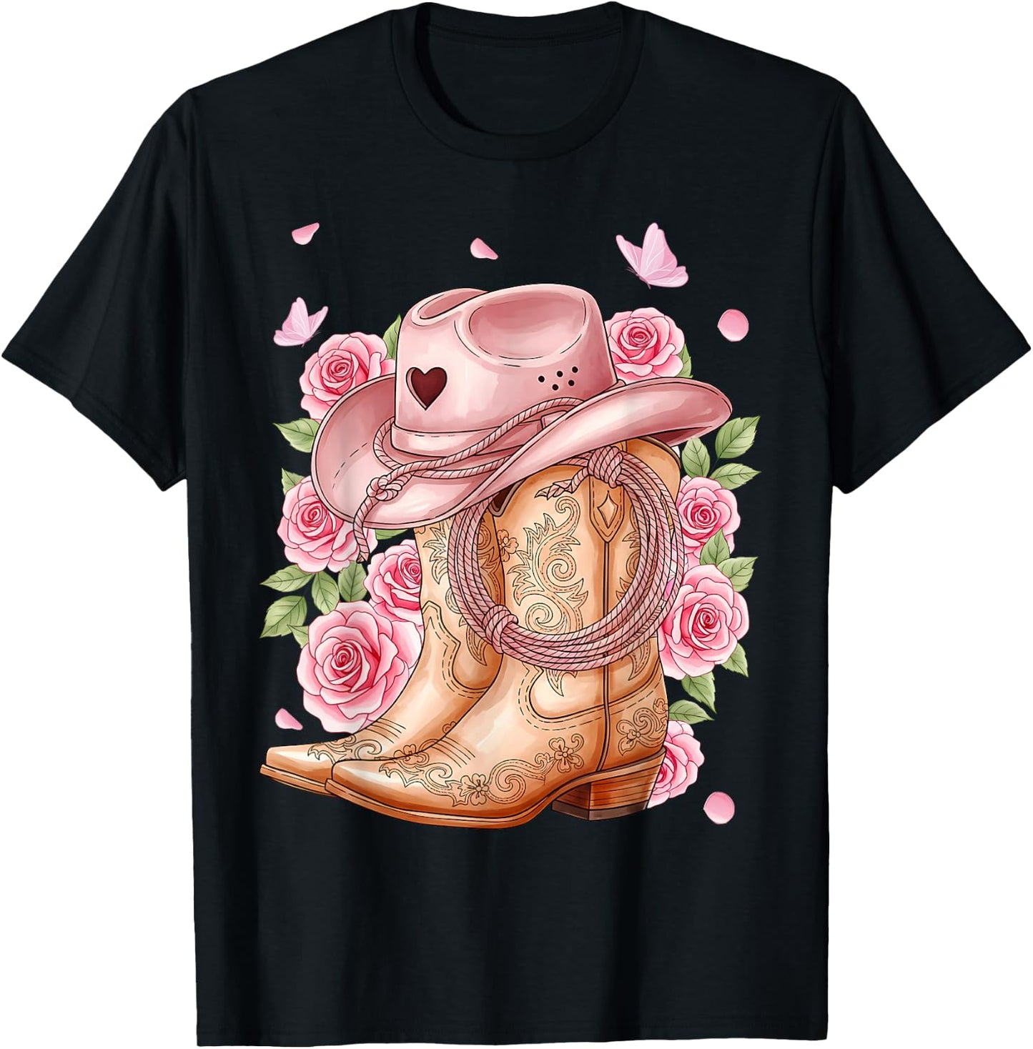 Western Country Pink Cowboy Boots Cowgirl Hat and Roses T-Shirt - T-Shirt | Black
