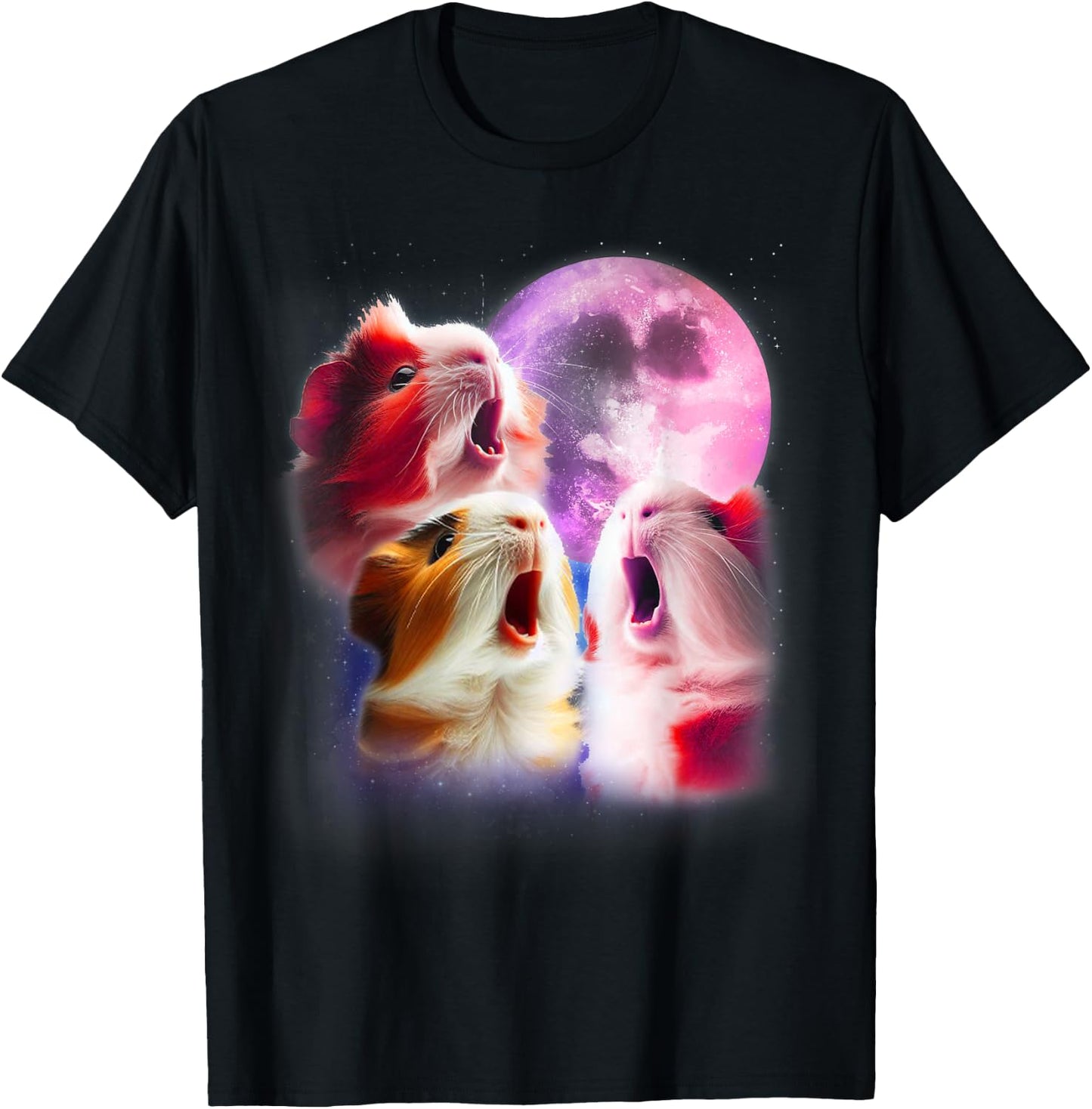 3 Guinea Pigs Howling At The Moon Funny Pet Guinea Pig Lover T-Shirt - T-Shirt | Black