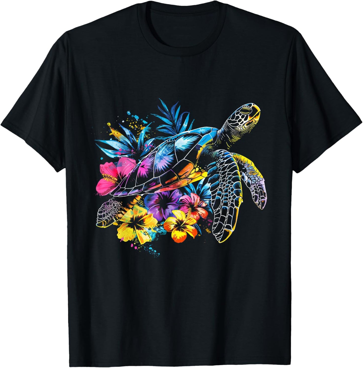 Sea Turtle Hawaiian Flowers Hawaii Diver T-Shirt - T-Shirt | Black