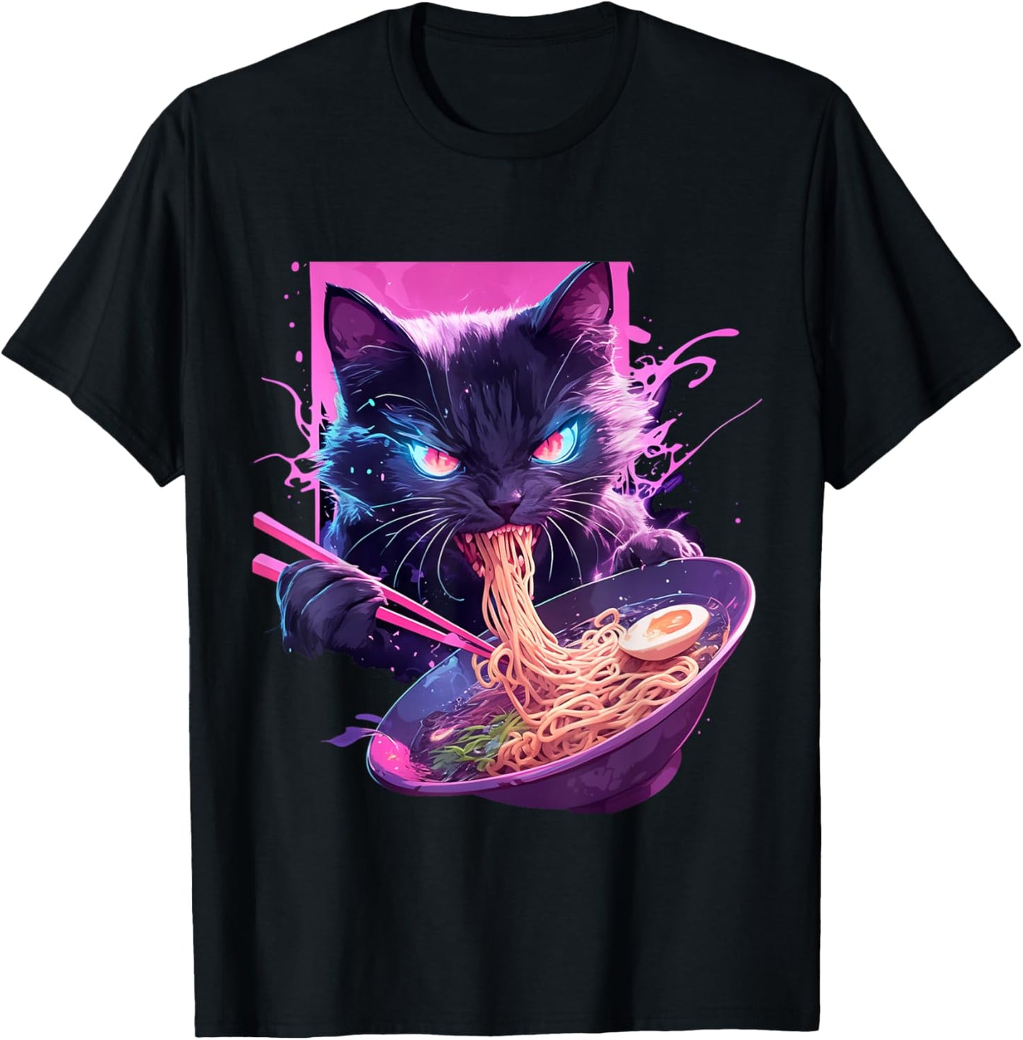 Japanese Art Ramen Cat Ninja Synthwave Style Samurai Cat T-Shirt - T-Shirt | Black
