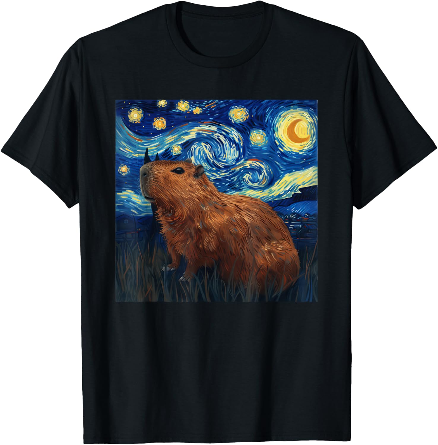 Capybara Van Gogh Style Starry Night T-Shirt - T-Shirt | Black