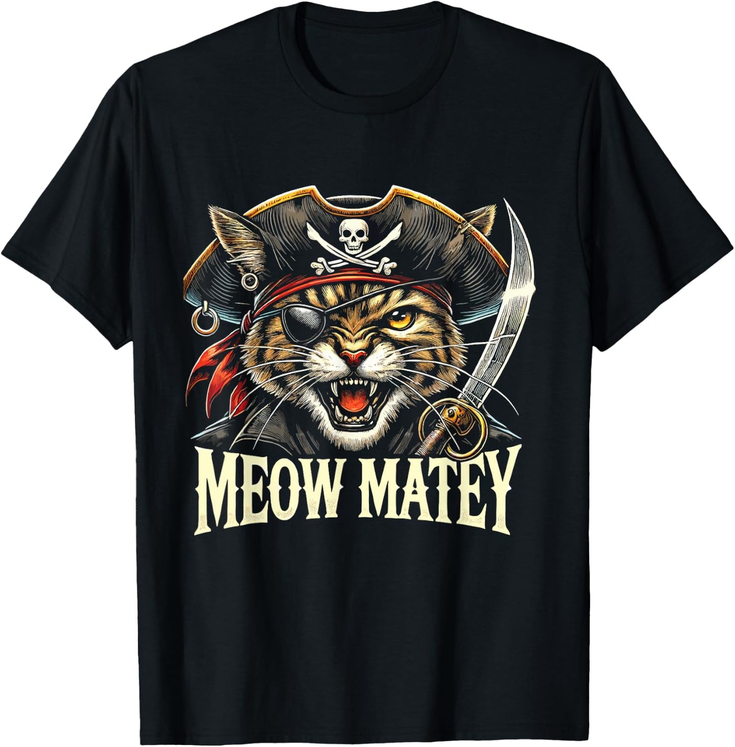 Meow Matey Pirate Cat Halloween T-Shirt - T-Shirt | Black
