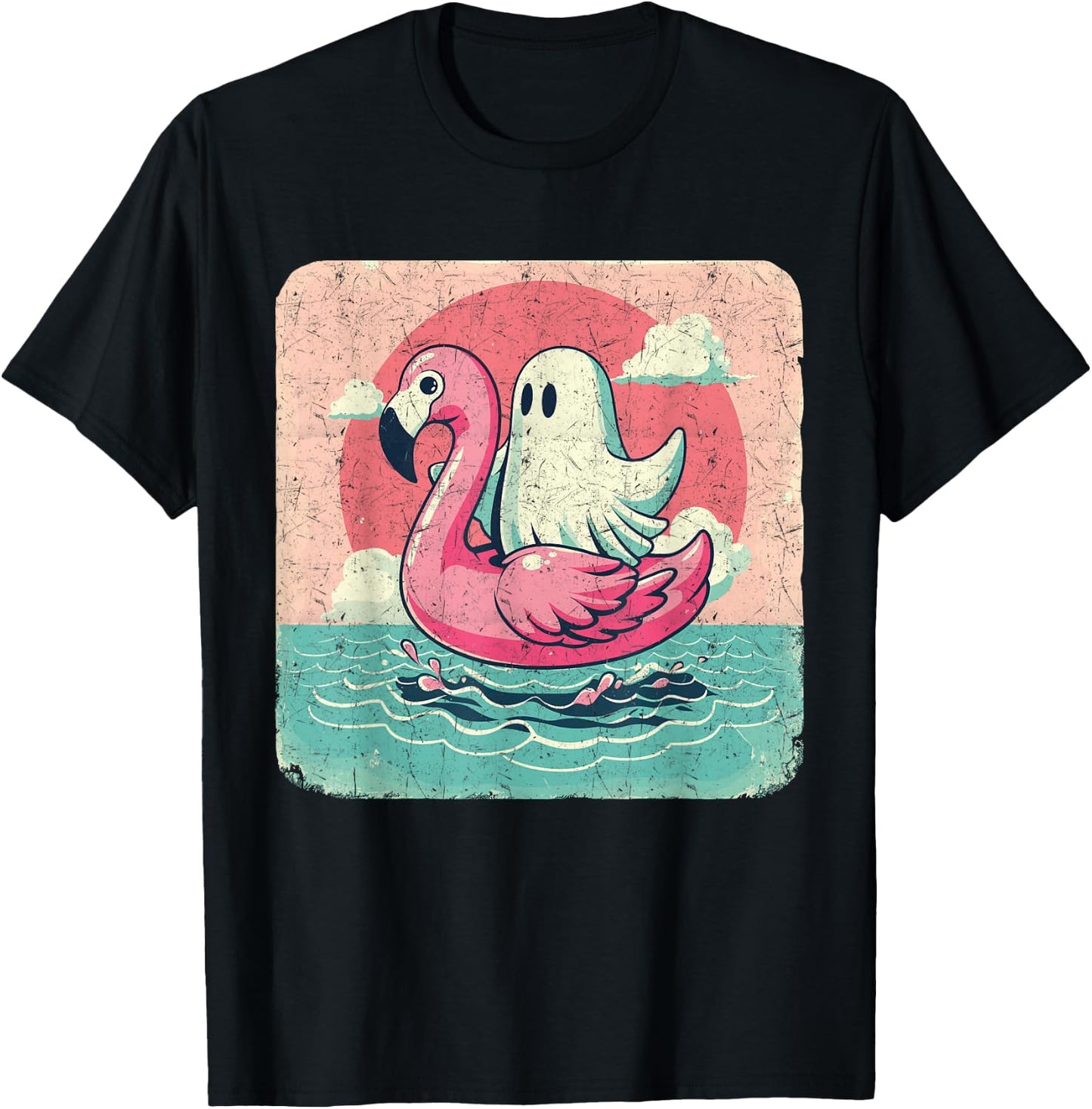 Funny Pool Vintage Ghost On A Pink Flamingo Summer Halloween Men Women T-Shirt - T-Shirt | Black