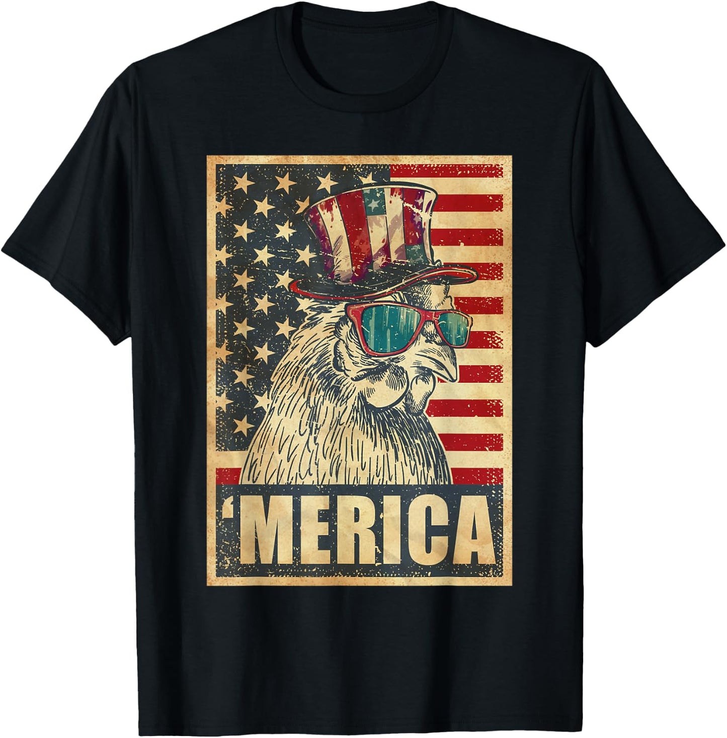 Chicken Merica Vintage American Flag 4th Of July T-Shirt - T-Shirt | Black