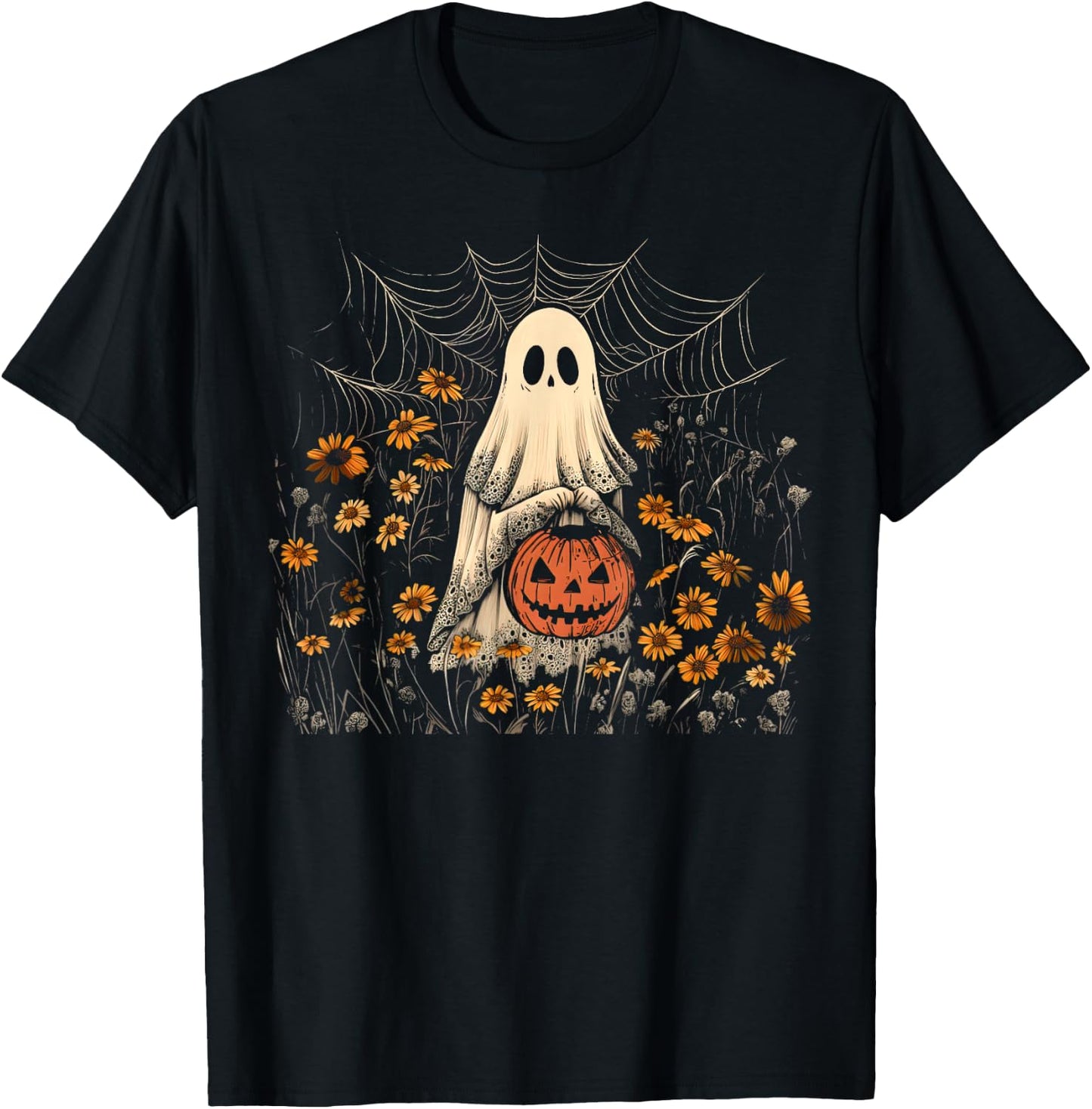 Retro Floral Lace Ghost Pumpkin Spooky Halloween Girls Women T-Shirt - T-Shirt | Black