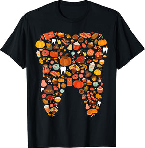 Teeth Doodles Pumpkin Fall Dental Hygienist Autumn Season T-Shirt - T-Shirt | Black