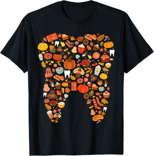 Teeth Doodles Pumpkin Fall Dental Hygienist Autumn Season T-Shirt - T-Shirt | Black