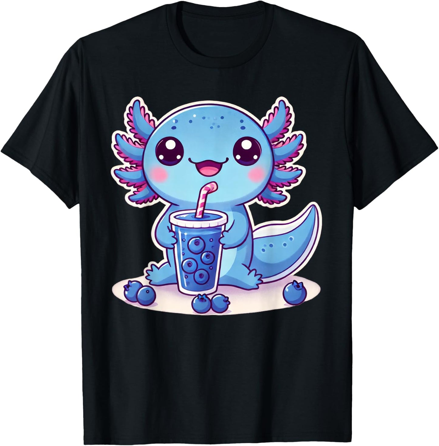 Kawaii Axolotl Blueberry Smoothie T-Shirt - T-Shirt | Black