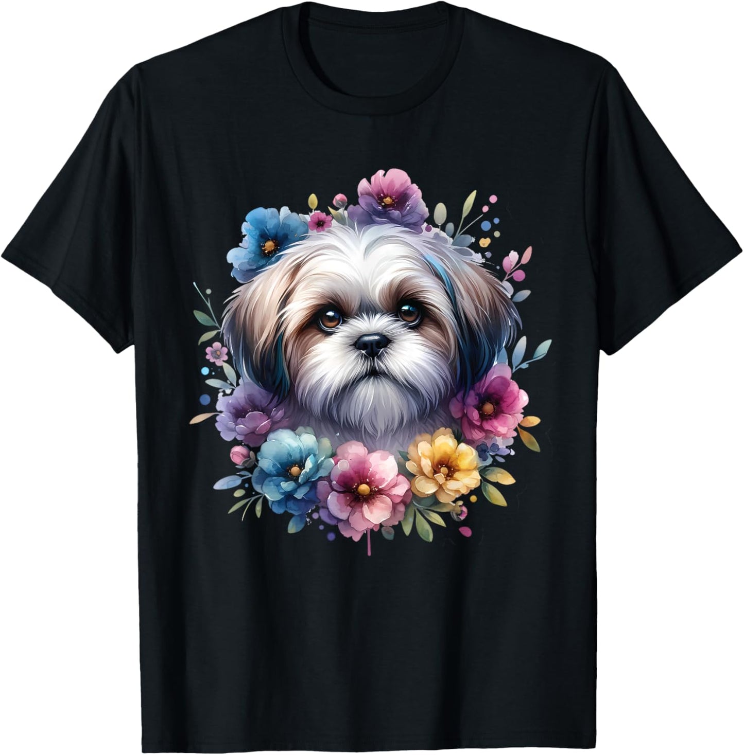 Watercolor Floral Shih Tzu Mama Dog Lovers Mother's Day T-Shirt - T-Shirt | Black