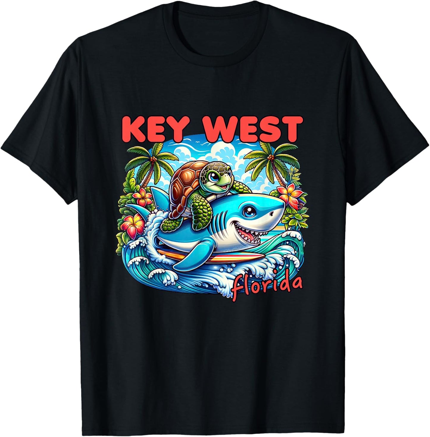 Key West Florida Beach Turtle and Shark T-Shirt - T-Shirt | Black