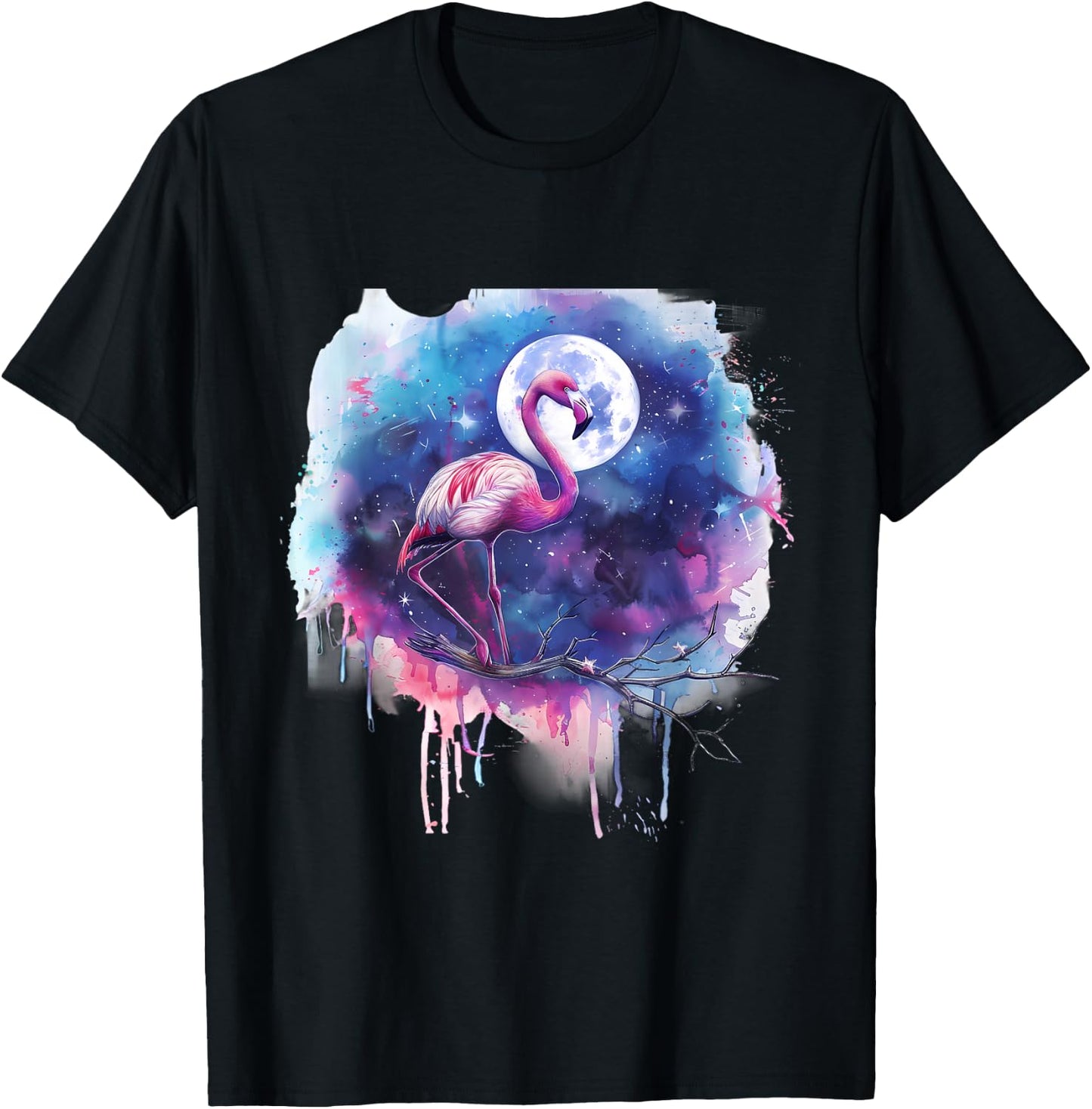 Pink Flamingo Bird Moon Wildlife Flamingo Lover Artwork T-Shirt - T-Shirt | Black