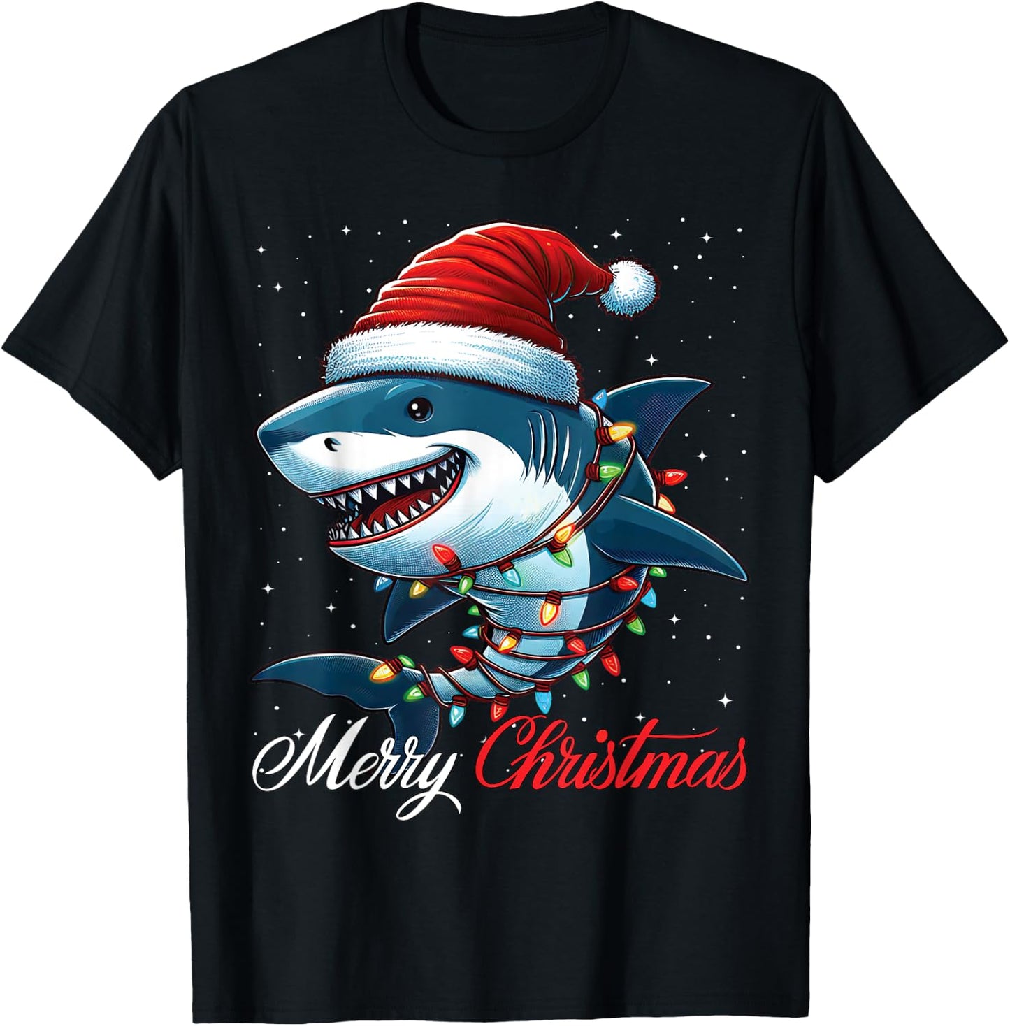 Shark Santa Hat Merry Christmas Lights Xmas Snow T-Shirt - T-Shirt | Black