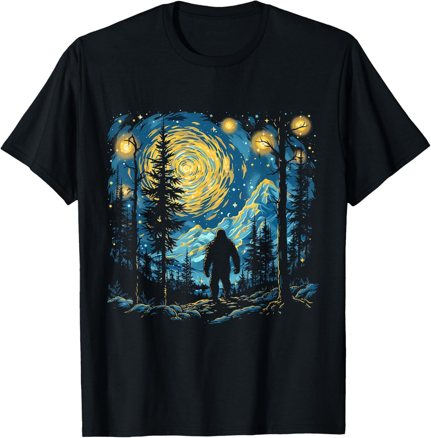 Funny Bigfoot Starry Night Sasquatch Van Gogh Sky Painting T-Shirt - T-Shirt | Black