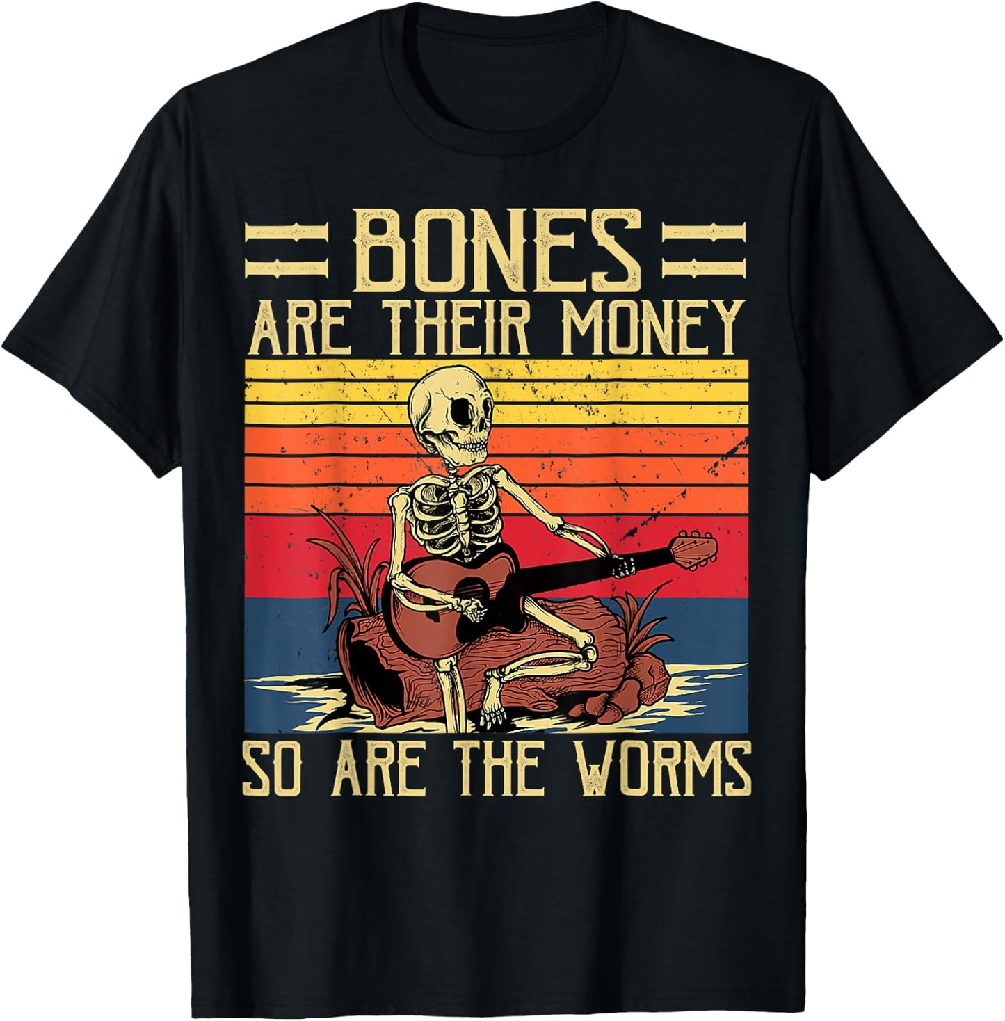 Bones Are Their Money, Skeleton Playing Guitar Retro Vintage T-Shirt - T-Shirt | Black