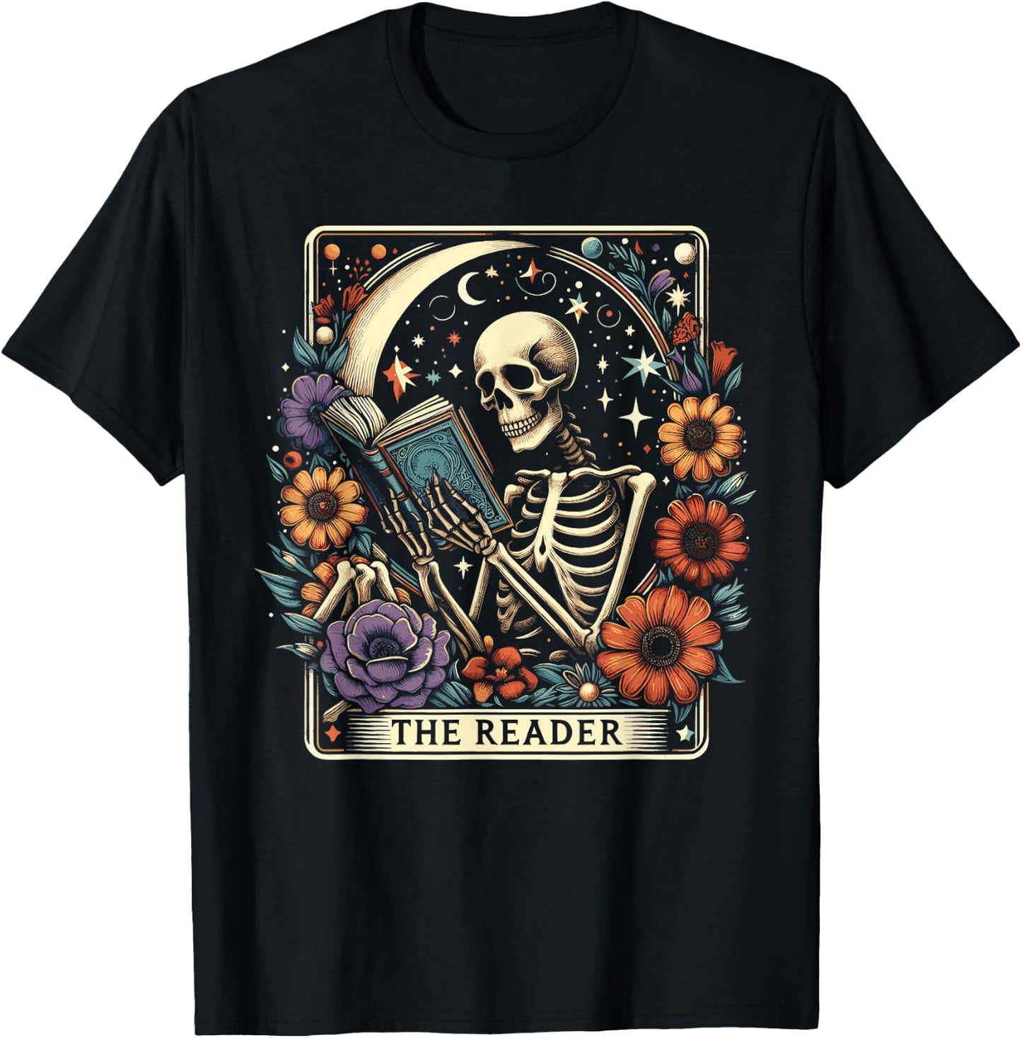 The Reader Tarot Card Skeleton Reading Book Bookworm Bookish T-Shirt - T-Shirt | Black