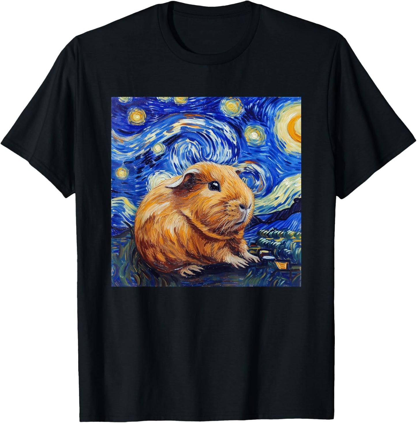 Guinea Pig Van Gogh Style Starry Night Graphic T-Shirt - T-Shirt | Black