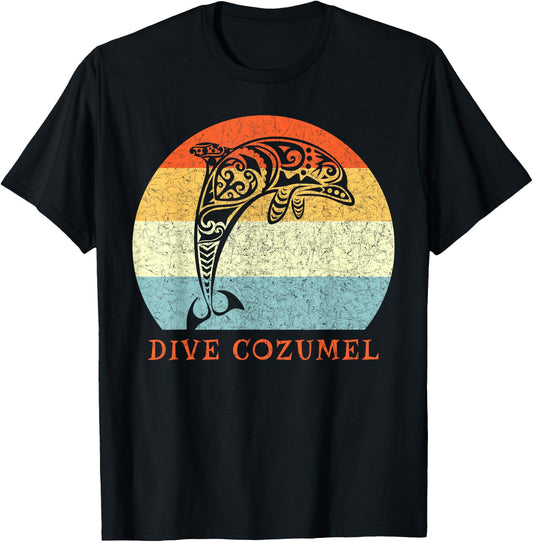 Dive Cozumel Vintage Retro Tribal Dolphin Vacation T-Shirt - T-Shirt | Black