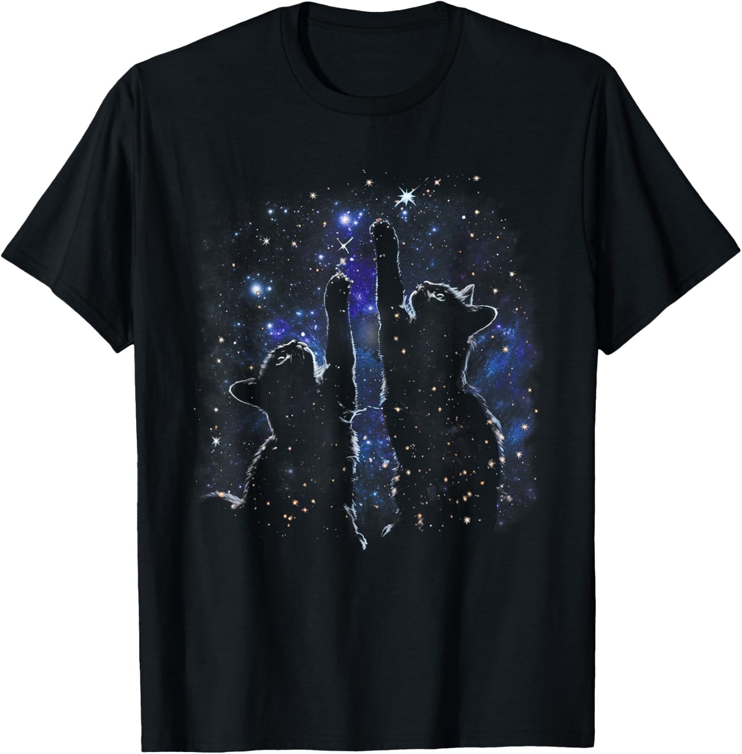 Two Cats Reaching for Stars Funny Galaxy Space Cat Night Sky T-Shirt - T-Shirt | Black