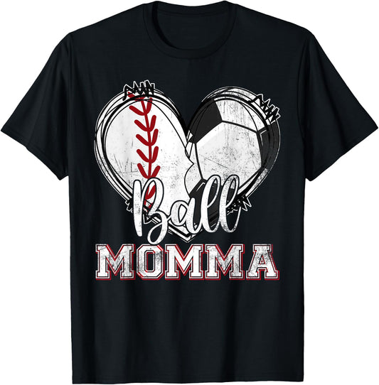 Ball Momma Baseball Soccer Heart Mom Of Both Mothers Day T-Shirt - T-Shirt | Black